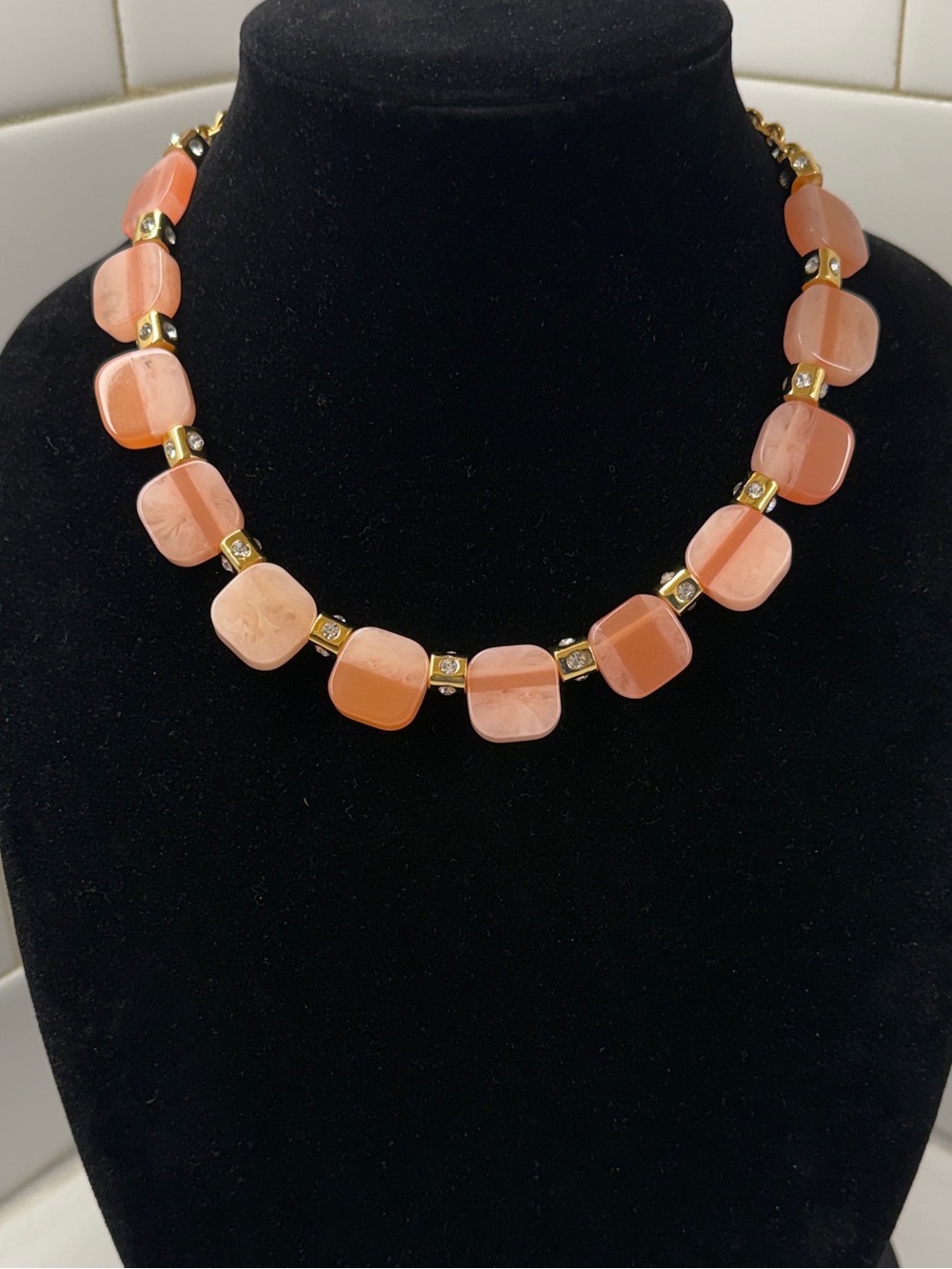 Kate Spade Squared Away Coral Pink Square Stone Statement Necklace